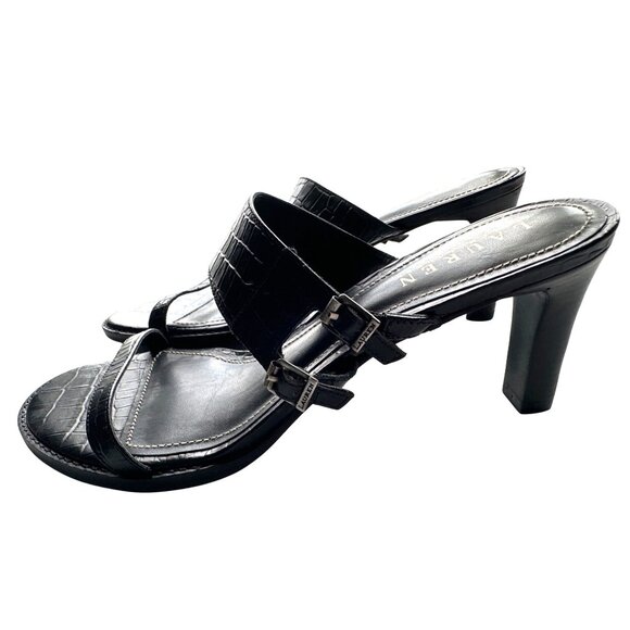 Lauren Ralph Lauren Black Leather Sandals Slip On GALAN Croc-Embossed Straps 8 - Picture 5 of 9